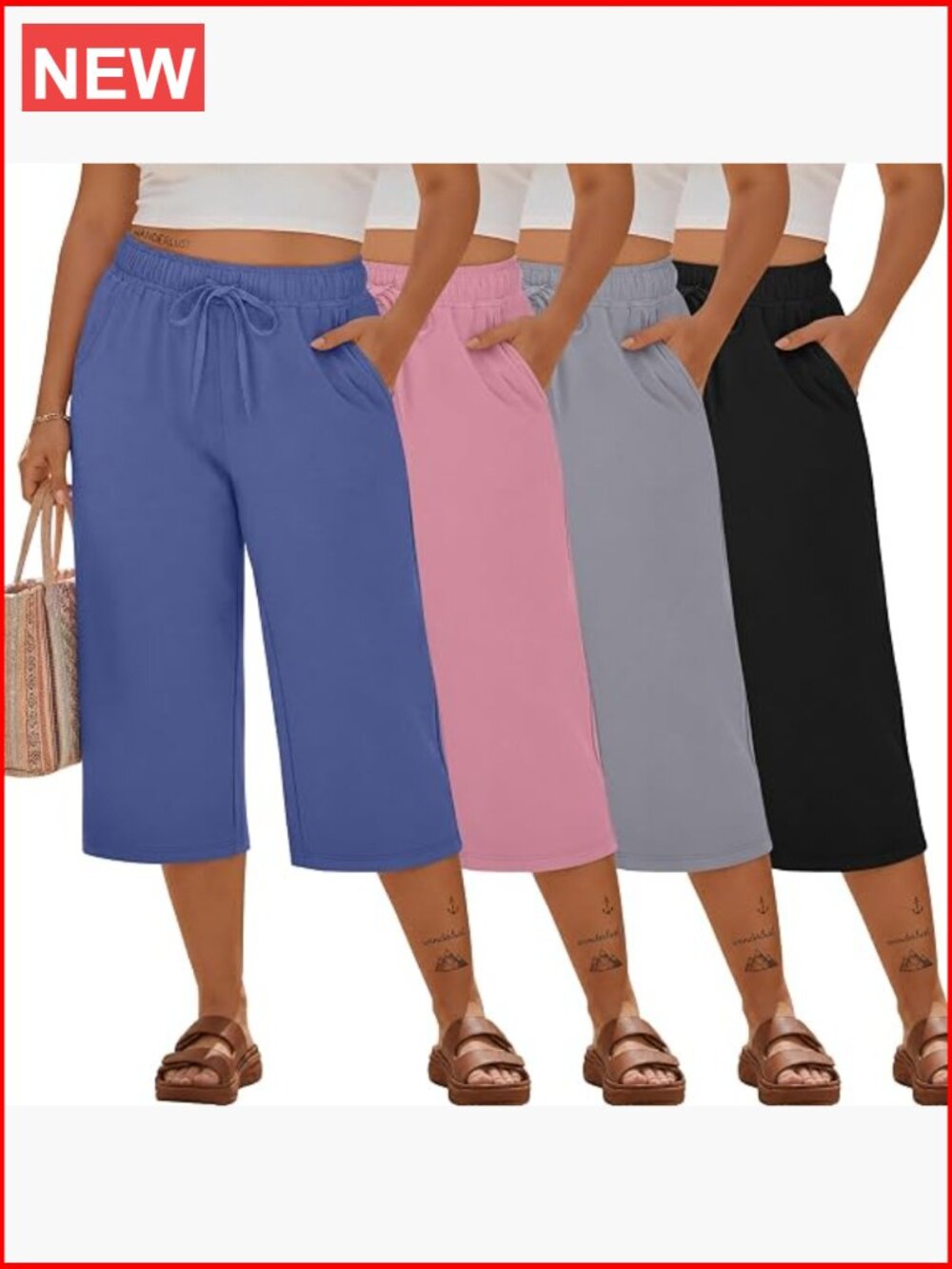 Plus Size Capris Wide Leg Cotton Lounge Sweatpants with Pockets 4 Pack